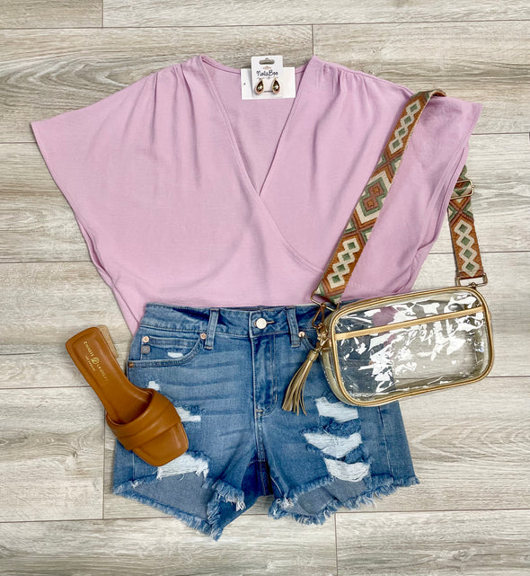 Short Sleeve Surplice Top in Pink or White