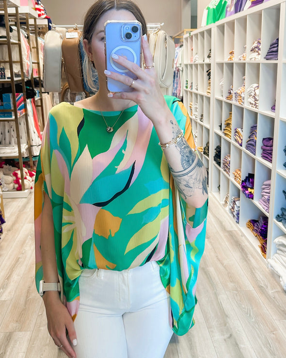 Chiffon Tropical Print Oversized Caftan Blouse In 2 Colors