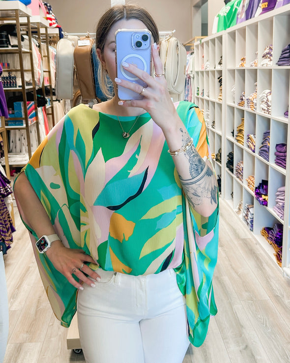 Chiffon Tropical Print Oversized Caftan Blouse In 2 Colors