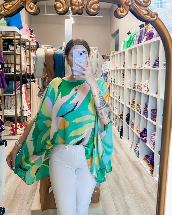 Chiffon Tropical Print Oversized Caftan Blouse In 2 Colors