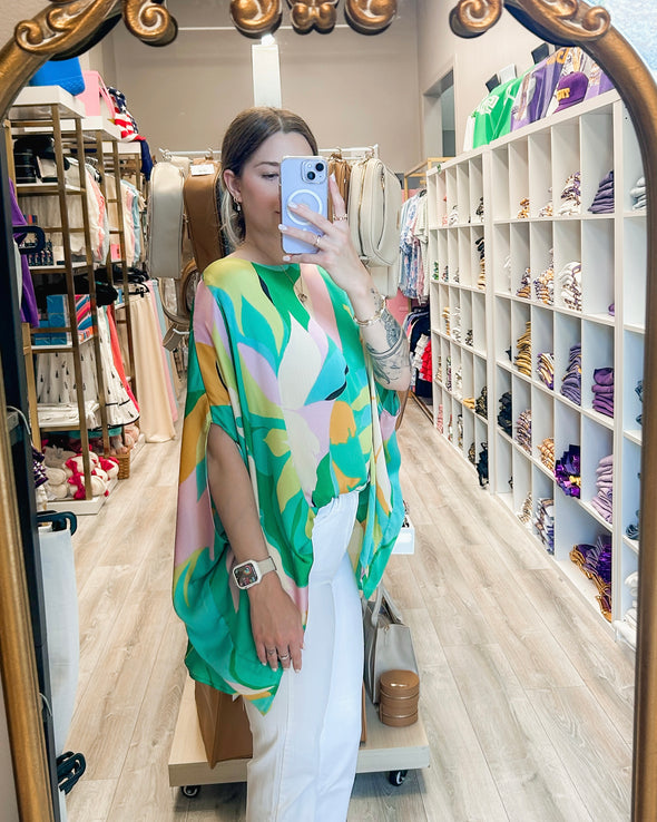 Chiffon Tropical Print Oversized Caftan Blouse In 2 Colors