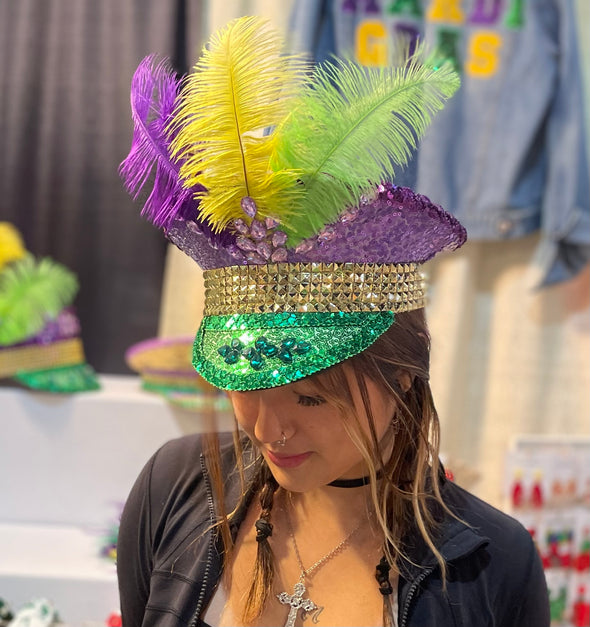 Mardi Gras Conductor Captain Hat With Feathers In Small And Large