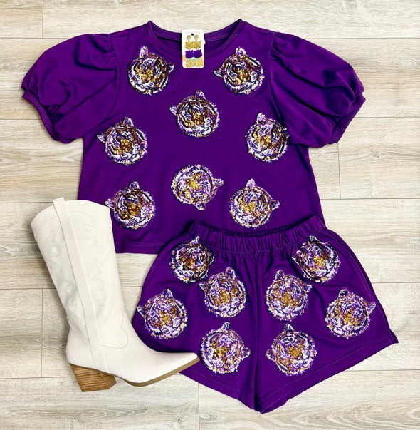 Tiger Face Sequins Embroidery Shorts