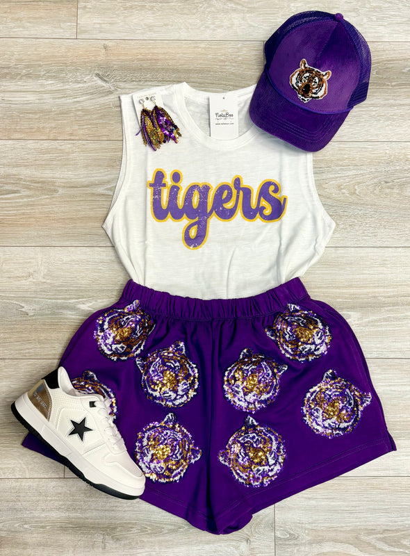 Tiger Face Sequins Embroidery Shorts