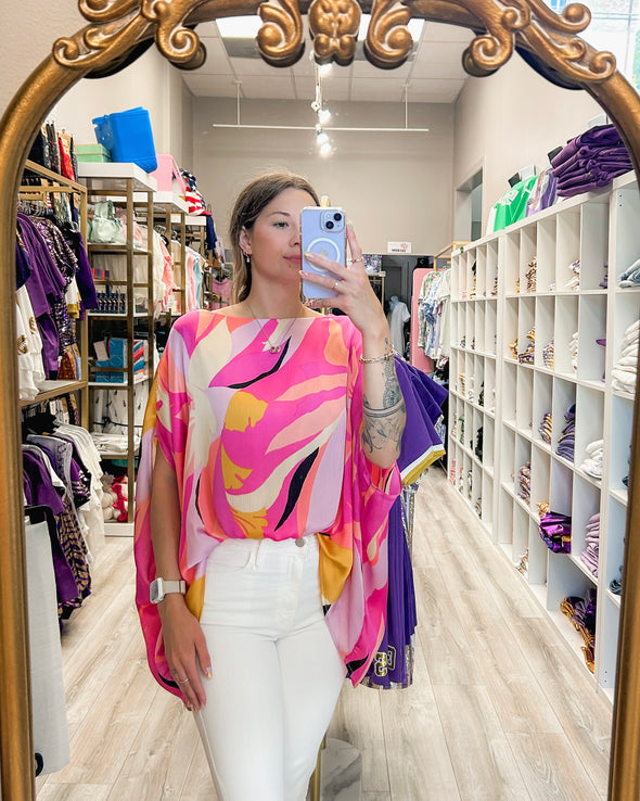 Chiffon Tropical Print Oversized Caftan Blouse In 2 Colors