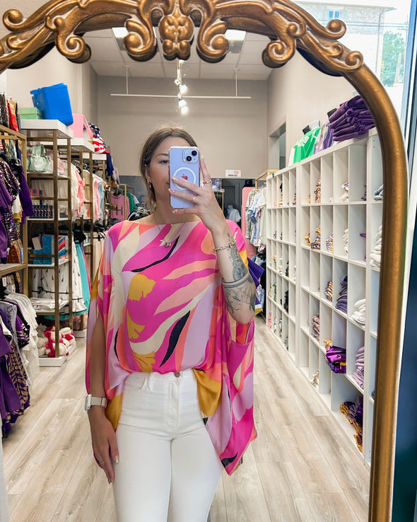 Chiffon Tropical Print Oversized Caftan Blouse In 2 Colors