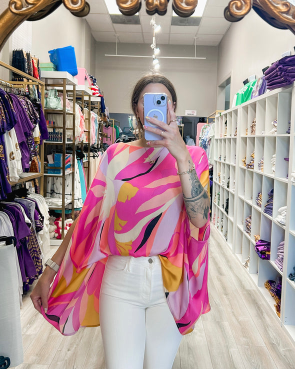 Chiffon Tropical Print Oversized Caftan Blouse In 2 Colors