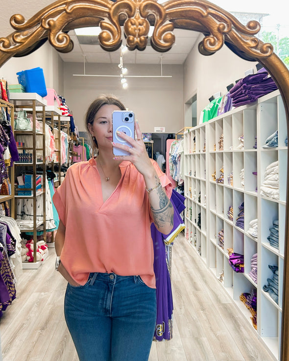 Washed Satin V Neck Pullover Blouse