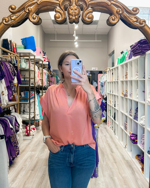 Washed Satin V Neck Pullover Blouse