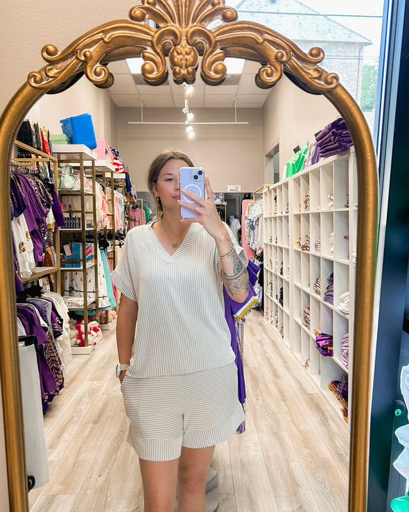 V Neck Striped Top And Shorts Set