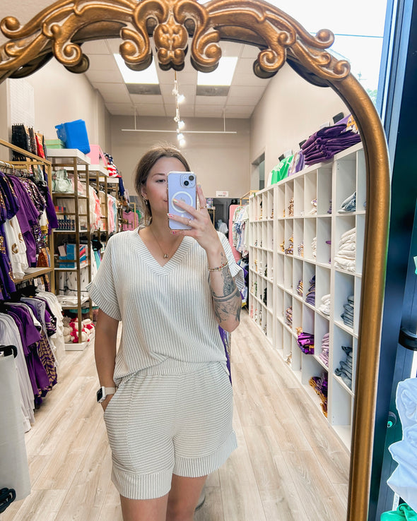 V Neck Striped Top And Shorts Set