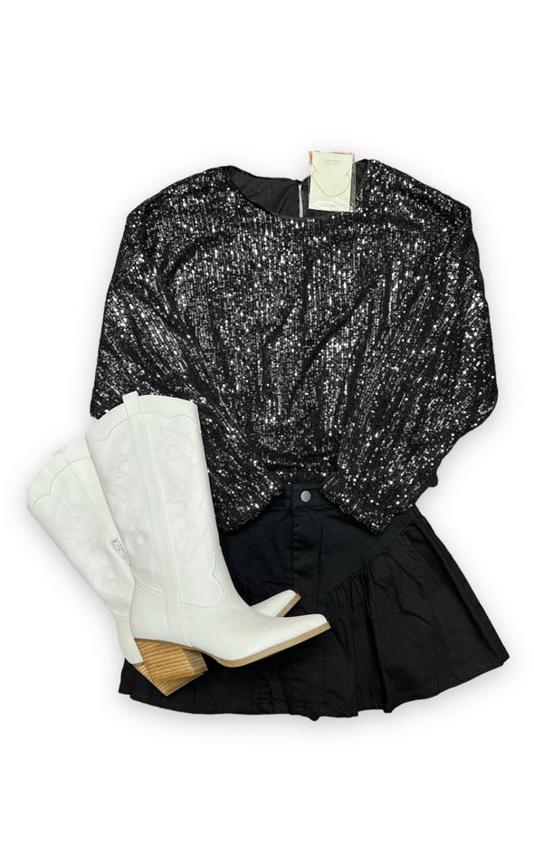 Elastic Bottom Cropped Long Sleeve Sequins Blouse