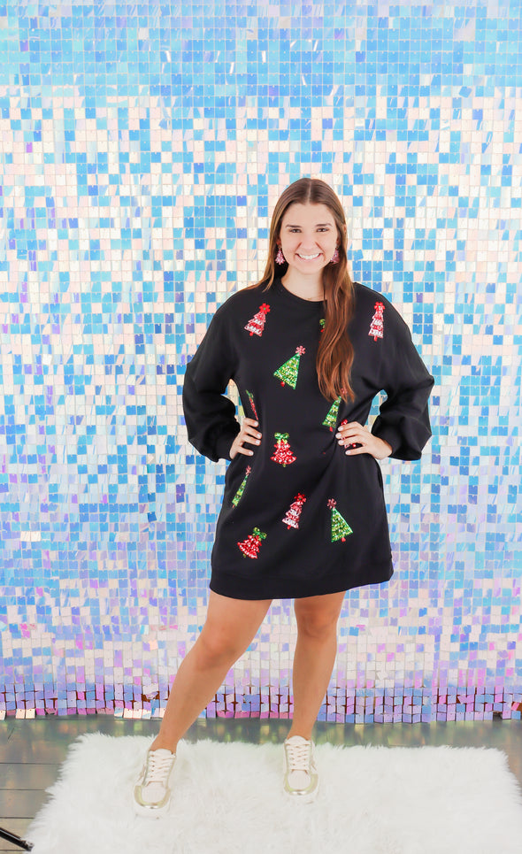 Black Long Sleeve Dress with Sequin Trees