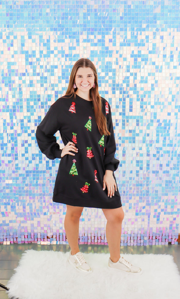 Black Long Sleeve Dress with Sequin Trees