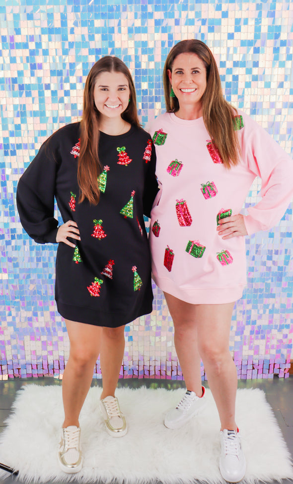 Black Long Sleeve Dress with Sequin Trees