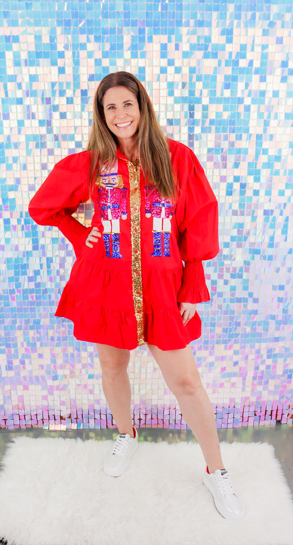 Sequin Nutcracker Poplin Mini Dress In Black Or Red