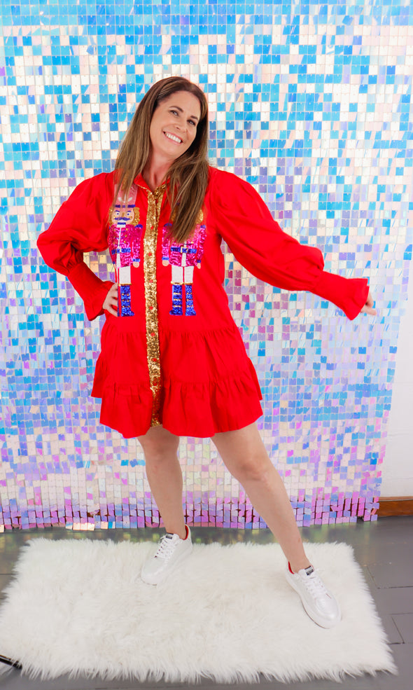 Sequin Nutcracker Poplin Mini Dress In Black Or Red