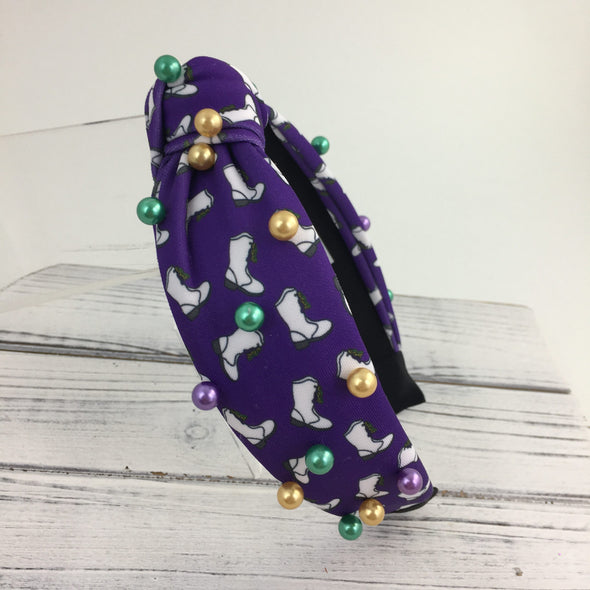 Mardi Gras Marching Boot Knot Headband With Pearls