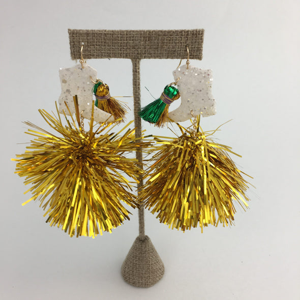 Mardi Gras Marching Boot Earrings With Gold Tinsel Pom Pom