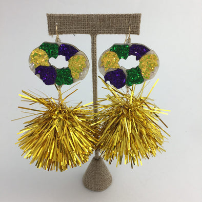 Mardi Gras King Cake Tinsel Tassel Earrings