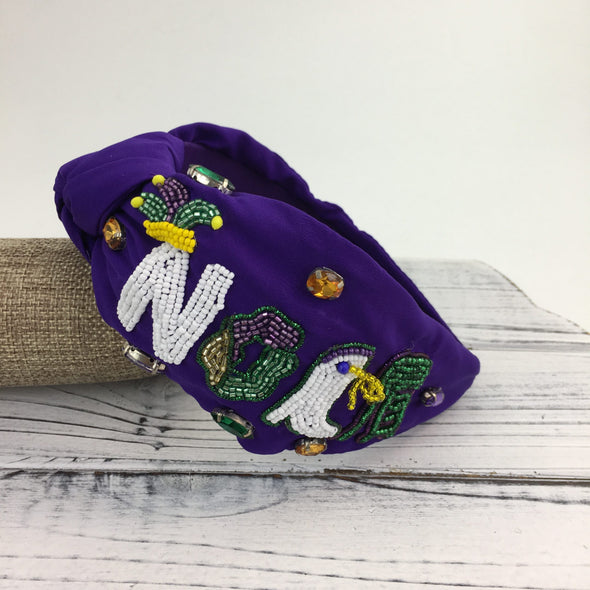 Mardi Gras Beaded Rhinestone NOLA Headband In 2 Colors