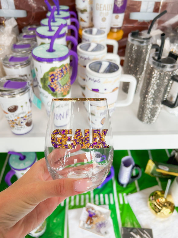 Purple and Yellow Geaux Stemless Wine Glass