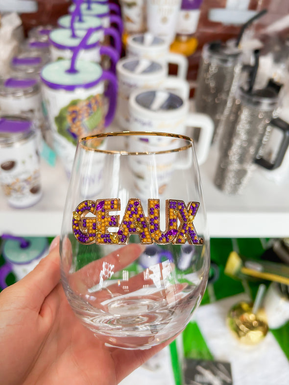 Purple and Yellow Geaux Stemless Wine Glass