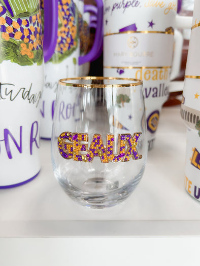 Purple and Yellow Geaux Stemless Wine Glass