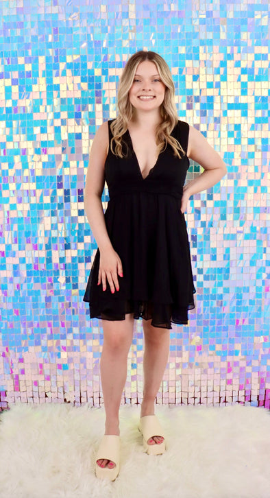 Black Chiffon Double V Neck Mini Dress