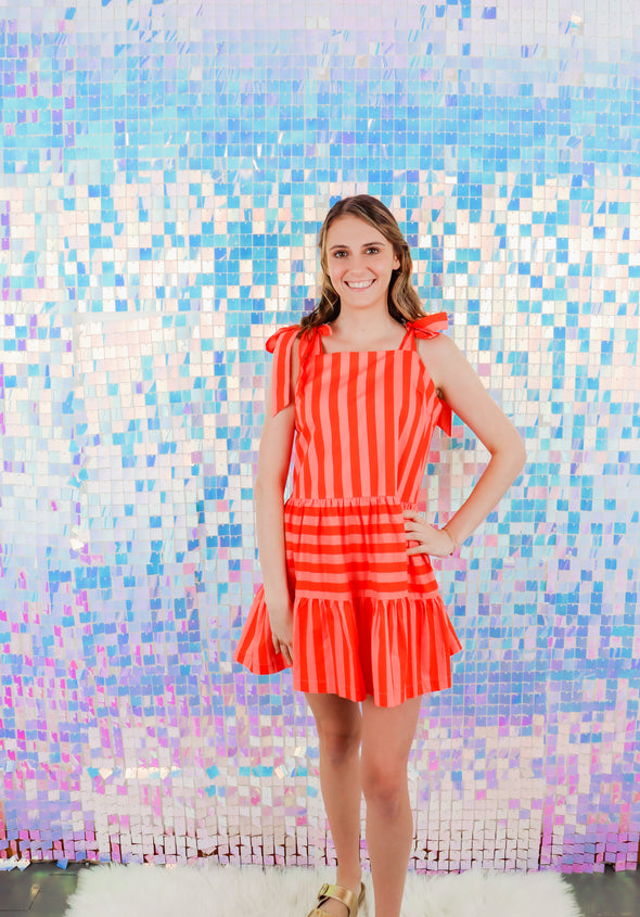 Striped Self Tie Sleeve Mini Dress