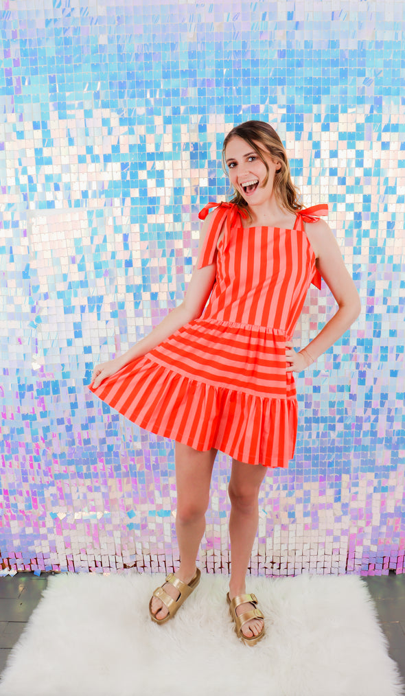 Striped Self Tie Sleeve Mini Dress