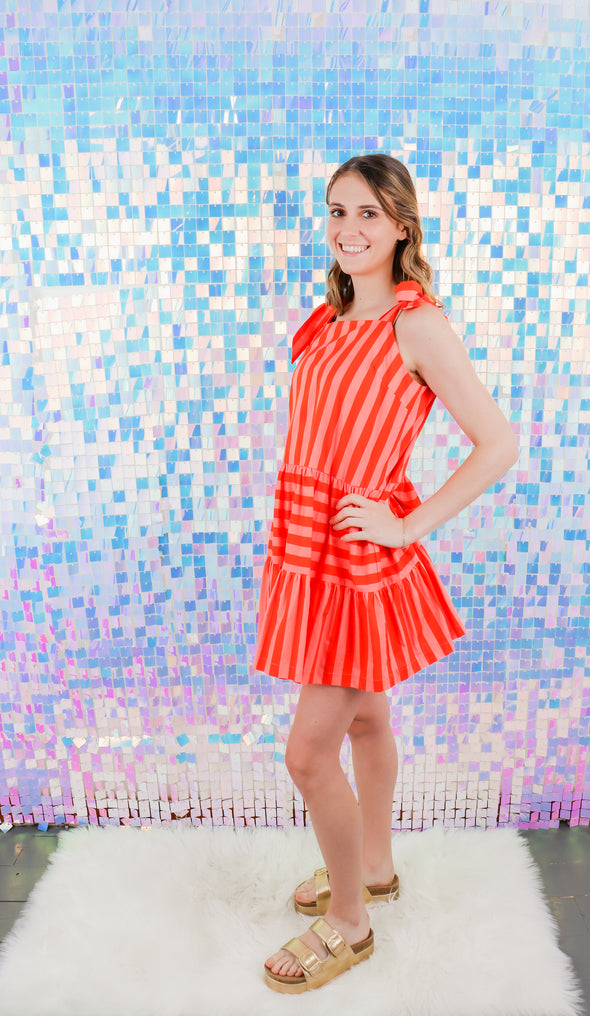 Striped Self Tie Sleeve Mini Dress