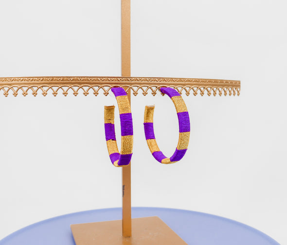 Purple And Gold Threaded Hoop Earrings