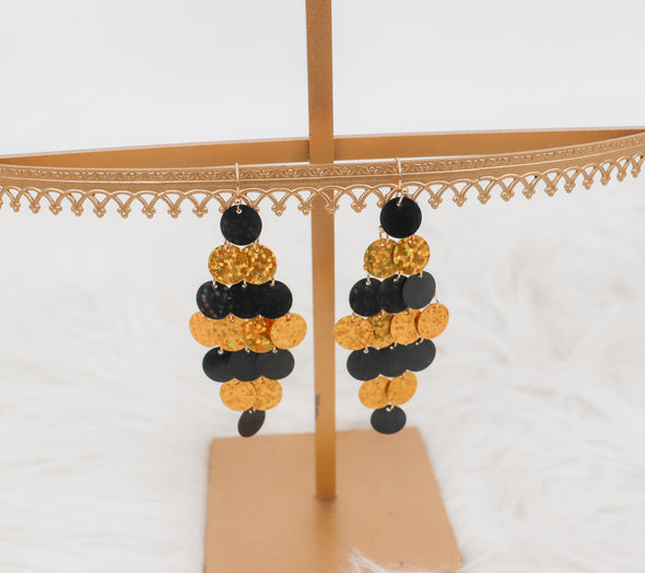 Shimmery Black And Gold Dangle Disc Earrings