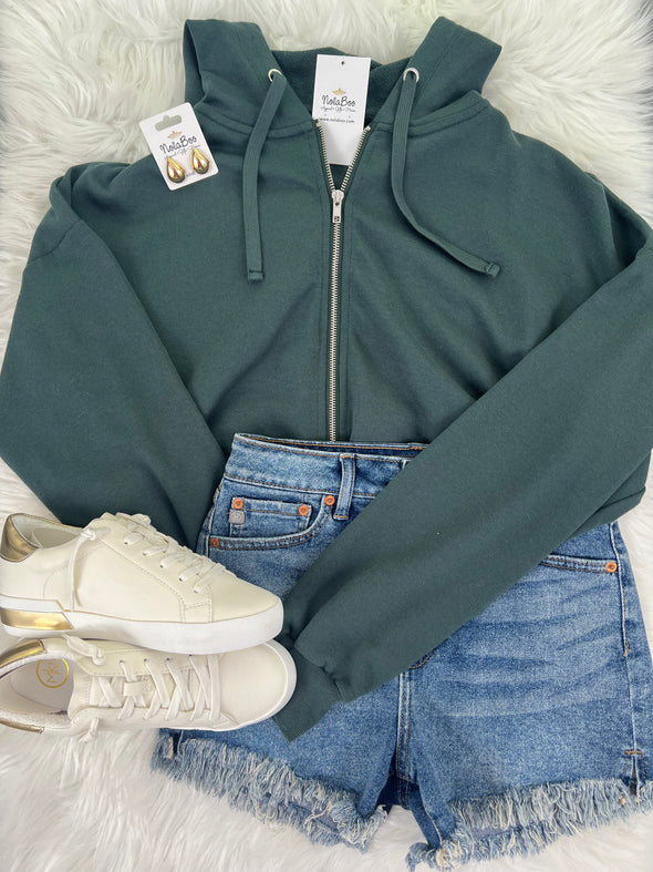 Green French Terry Cropped Zip Up Hoodie