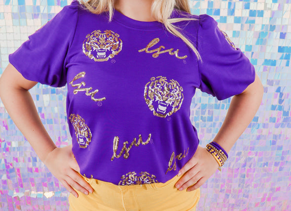 Tina Sequin Tigers Purple Top (XS-XL)