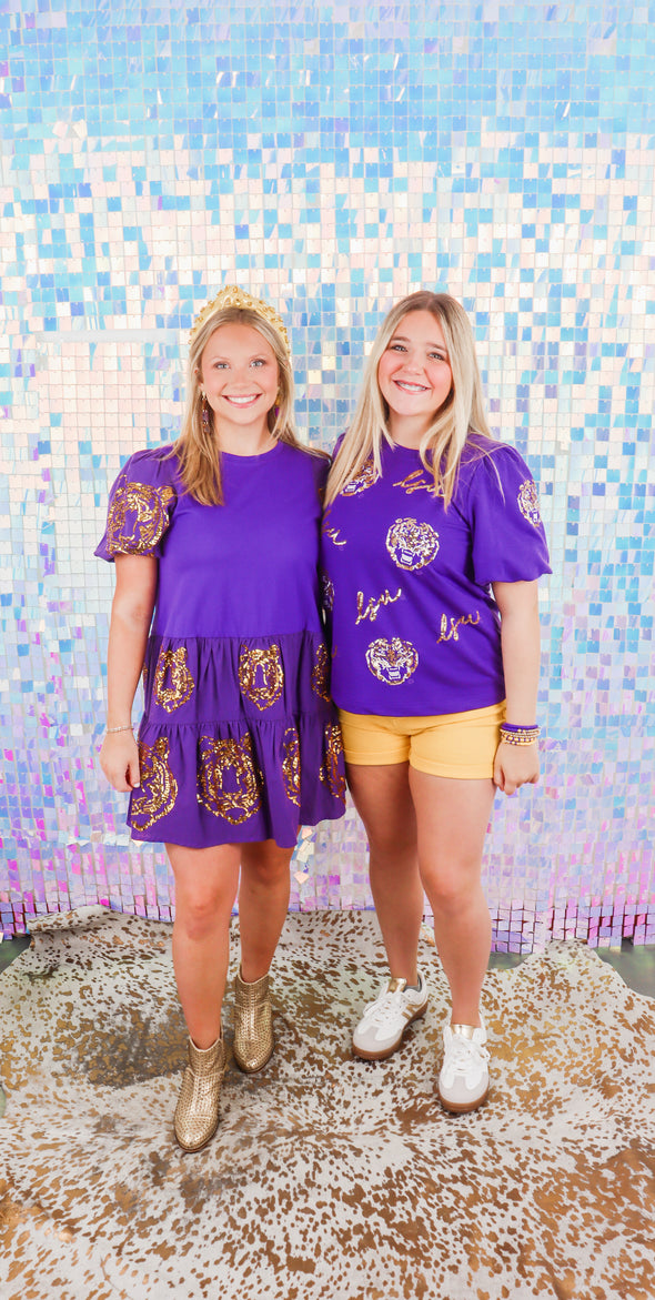 Purple And Gold Sequin Tiger Dress (S-XXL)