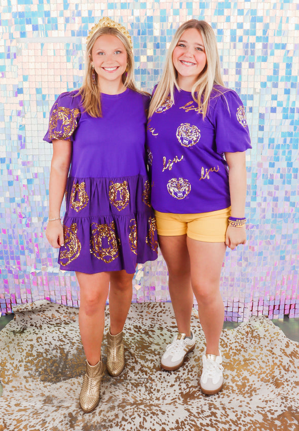 purple tiger print dress PURPLE GOLD TIGER STRIPE DRESS