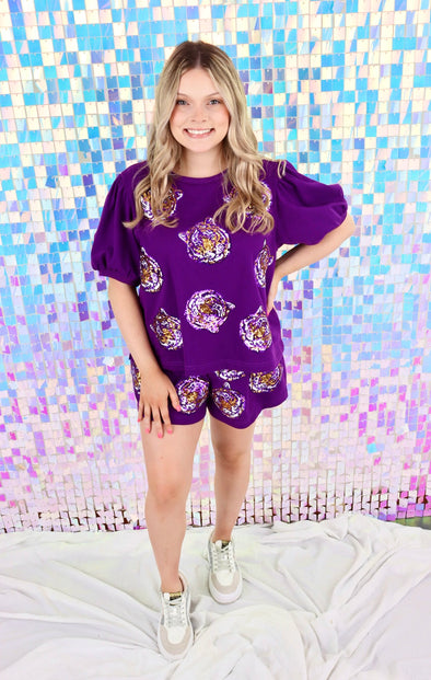 Tiger Face Sequins Embroidery Shorts