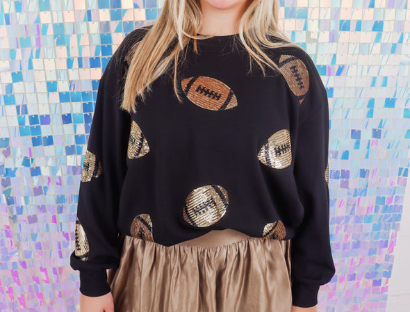 Sarah Sequin Footballs Sweatshirt In Black (XS-2X)