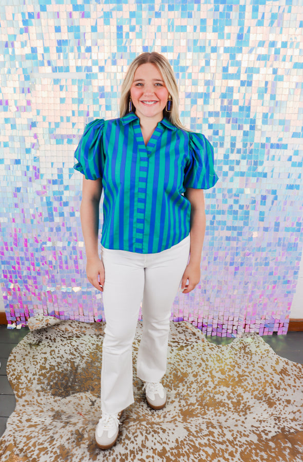 Striped Balloon Sleeve Blouse Top