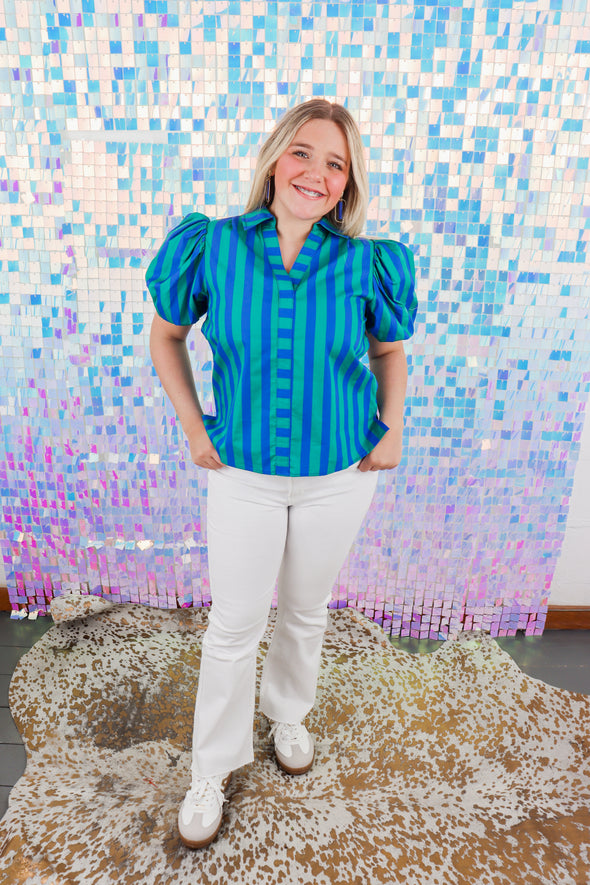 Striped Balloon Sleeve Blouse Top