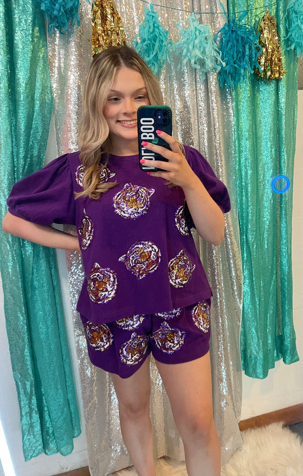 Tiger Face Sequins Embroidery Shorts