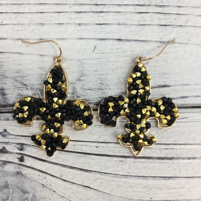 Black And Gold Confetti Fleur De Lis Earrings