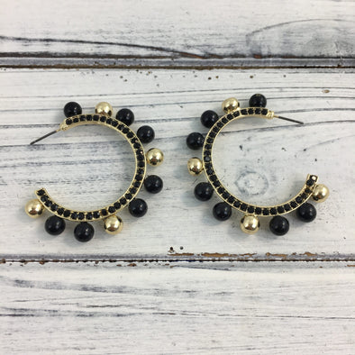 Black And Gold Rhinestone Ball Hoop Earrings