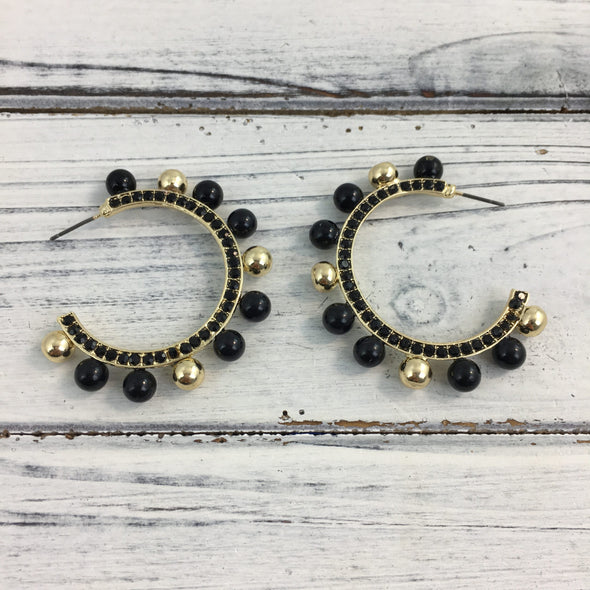 Black And Gold Rhinestone Ball Hoop Earrings