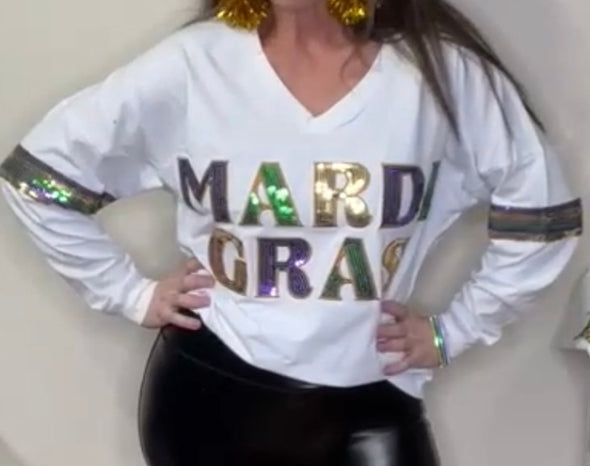 White Adult Mardi Gras Sequin Long Sleeve Shirt