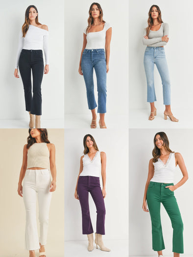 High Rise Denim Tonal Crop Flare Jeans In 6 Color Washes