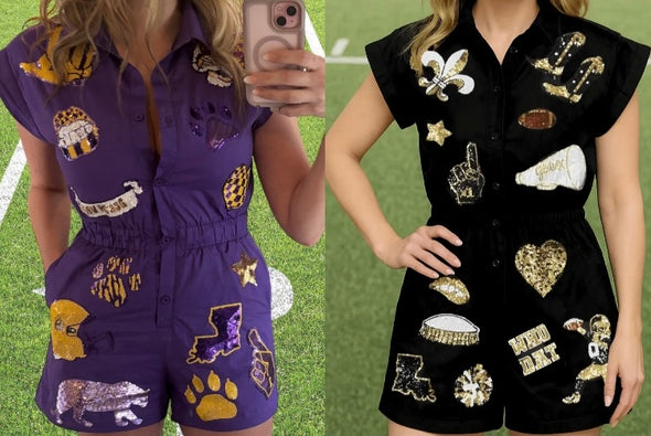 Louisiana Game Day Romper In Purple Or Black