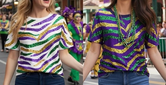 Mardi Gras Sequin Tiger Stripe Shirt in 2 Colors (XS-XXL)